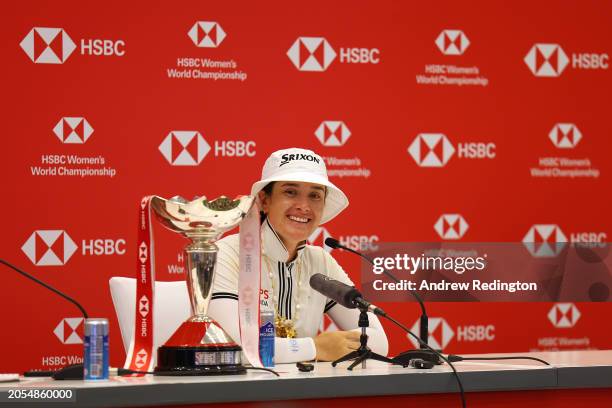 Hannah Green of Australia smiles in a press conference following victory on Day Four of the HSBC Women's World Championship at Sentosa Golf Club on...