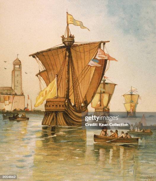 Illustration depicting the fleet of Italian explorer Christopher Columbus departing from Spain on August 3, 1492.