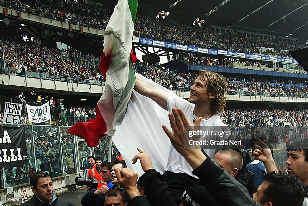 Pavel Nedved of Juventus celebrates the title win with the fans