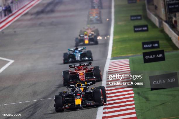 Max Verstappen of the Netherlands driving the Oracle Red Bull Racing RB20 leads the grou during the F1 Grand Prix of Bahrain at Bahrain International...