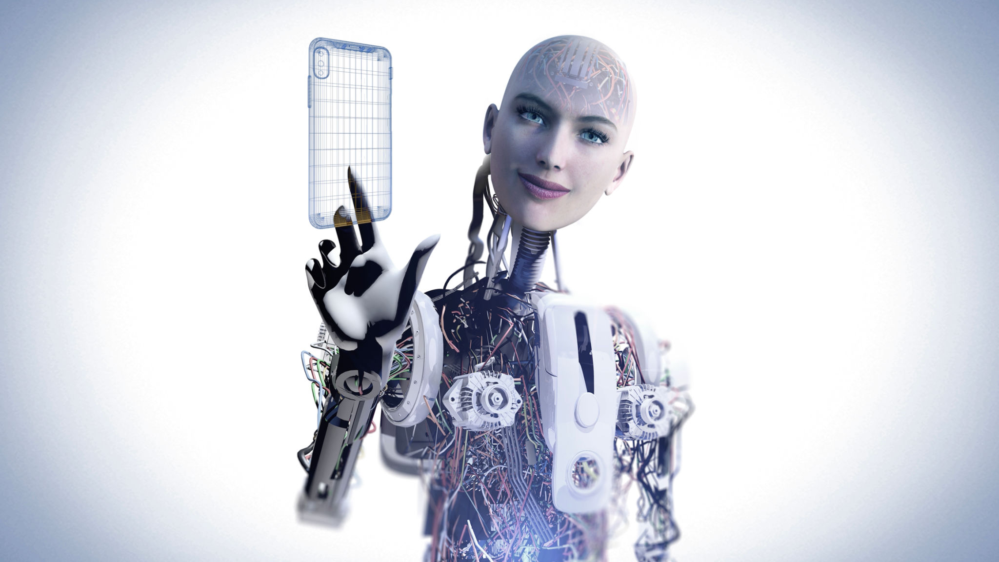 Beautiful Faced Robot Showing Phone Design Beautiful Faced Robot Showing Phone Design