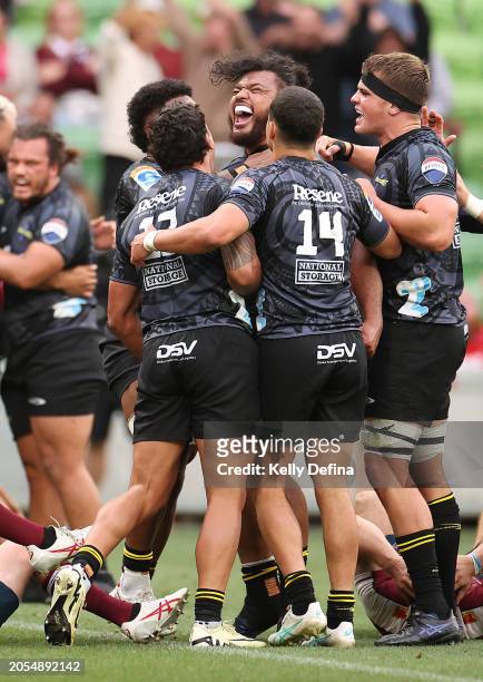 Pasilio Tosi of the Hurricanes celebrates scoring the game winning try in golden point during the round two Super Rugby Pacific match between...