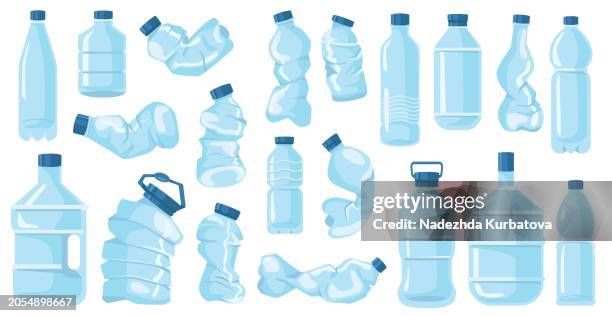 cartoon crumpled bottles. broken containers for drinking water. plastic garbage. crushed empty packages. disposable flasks. compressed pack. recycling waste elements. recent vector set - rubbish isolated stock illustrations