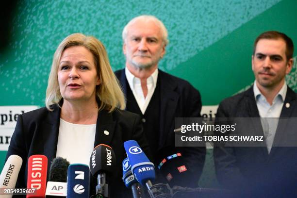 German Interior Minister Nancy Faeser speaks to the press during a 100-day-Countdown Event ahead of the football EURO 2024, in Berlin, Germany, on...