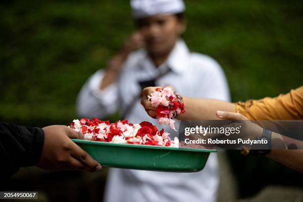 Indonesian Hindu devotees prepare flowers offerings during the Melasti ritual at Jolotundo Temple on March 03, 2024 in Mojokerto, Indonesia. The...