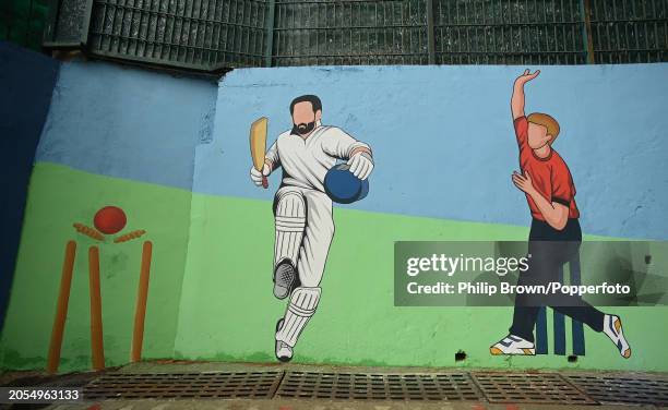 Murals on a wall outside the Himachal Pradesh Cricket Association Stadium pictured on March 03, 2024 in Dharamsala, India.