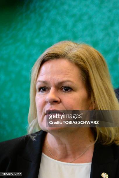 German Interior Minister Nancy Faeser speaks to the press during a 100-day-Countdown Event ahead of the football EURO 2024, in Berlin, Germany, on...