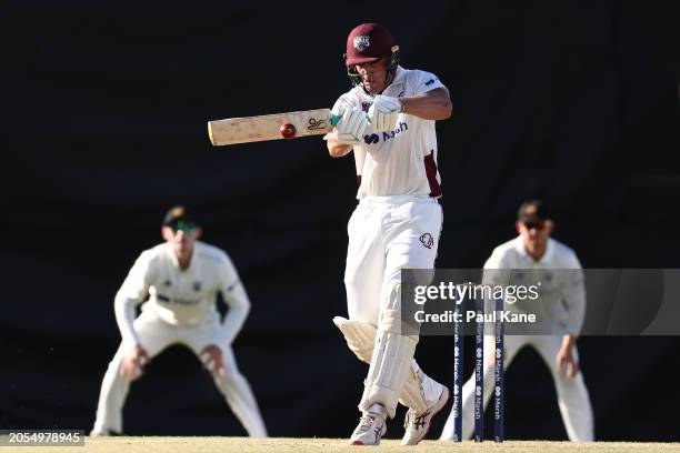 Angus Lovell of Queensland bats during the Sheffield Shield match between Western Australia and Queensland at the WACA, on March 03 in Perth,...