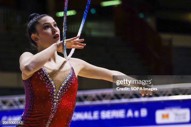 Milena Baldassarri of Ginnastica Fabriano in action during the Rhythmic Gymnastics FGI Serie A 2024 at Unieuro Arena.