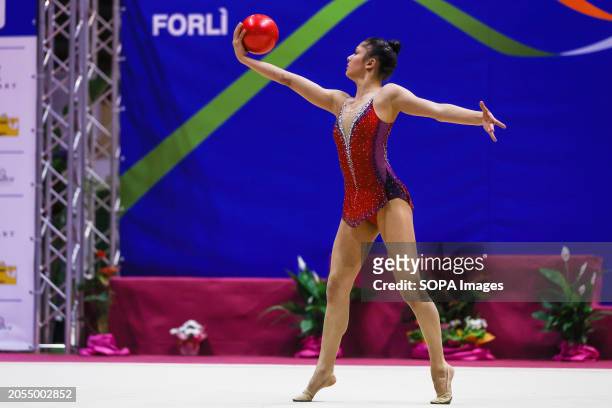 Sofia Raffaeli of Ginnastica Fabriano in action during the Rhythmic Gymnastics FGI Serie A 2024 at Unieuro Arena.