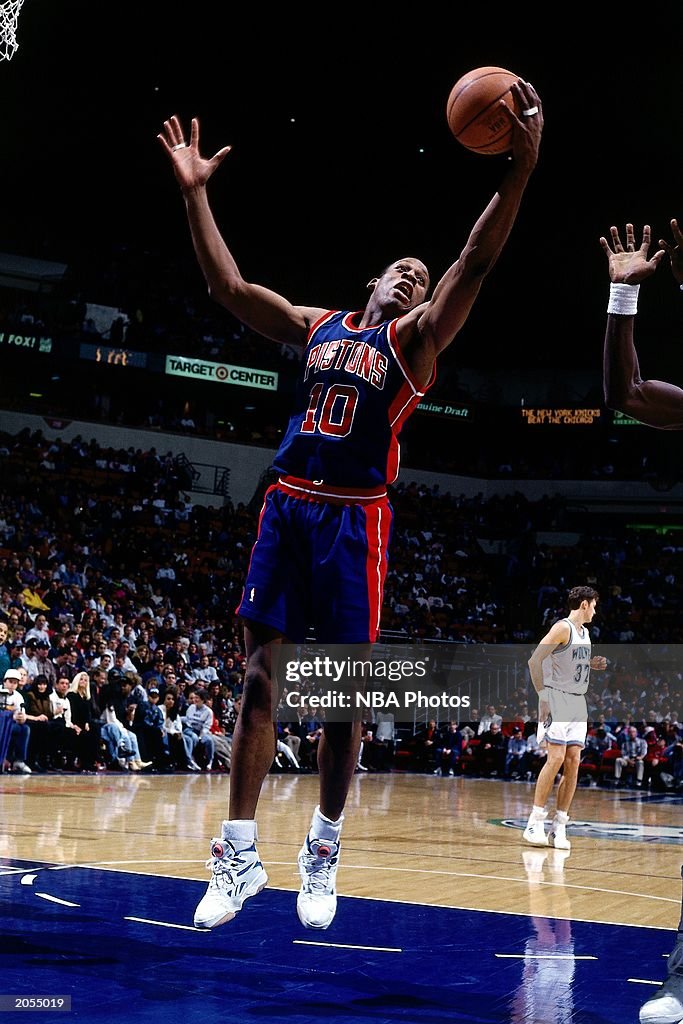 Detroit Rodman Dennis Rodman of the Detroit Pistons grabs a rebound against the ...