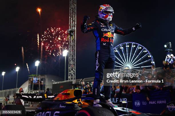 Race winner Max Verstappen of the Netherlands and Oracle Red Bull Racing celebrates in parc ferme during the F1 Grand Prix of Bahrain at Bahrain...