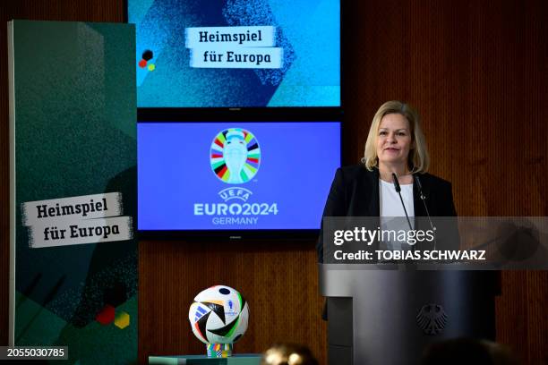 German Interior Minister Nancy Faeser speaks during a joint press conference for the 100-day-Countdown Event ahead of the football EURO 2024, as a...