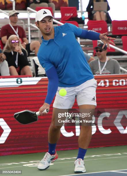 Ben Johns hits a forehand serve against Connor Garnett in the 2024 PPA Carvana Mesa Arizona Cup semi-finals match of the Pro Men's Singles Division...