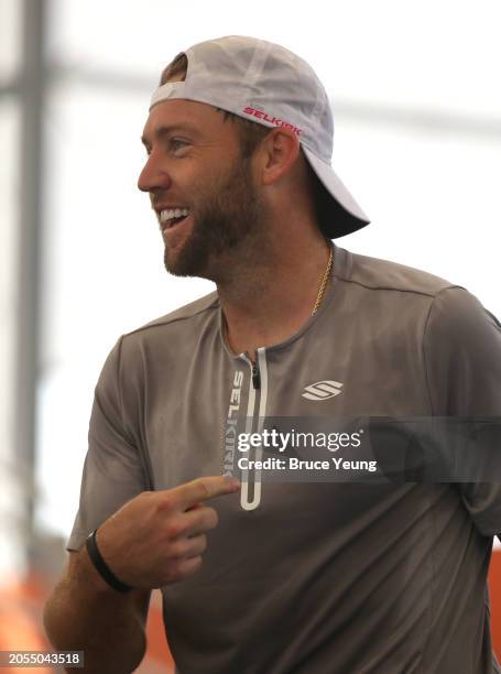 Jack Sock smiles after a long rally and good shot by Federico Staksrud in the 2024 PPA Carvana Mesa Arizona Cup semi-finals match of the Pro Men's...