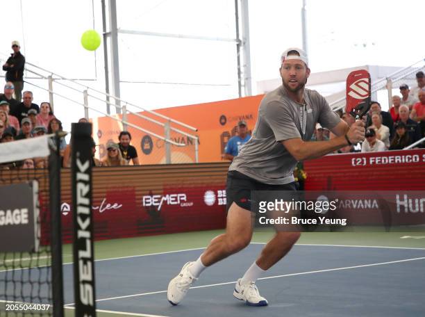 Jack Sock prepares to hit a backhand volley shot against Federico Staksrud in the 2024 PPA Carvana Mesa Arizona Cup semi-finals match of the Pro...