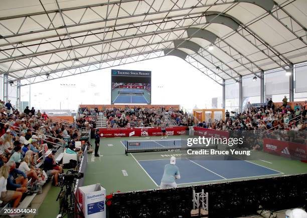 Jack Sock hits a forehand drive shot against Federico Staksrud in the 2024 PPA Carvana Mesa Arizona Cup semi-finals match of the Pro Men's Singles...