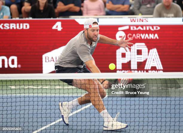 Jack Sock hits a backhand volley shot against Federico Staksrud in the 2024 PPA Carvana Mesa Arizona Cup semi-finals match of the Pro Men's Singles...