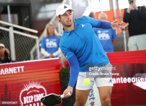 Ben Johns hits a forehand serve against Connor Garnett in the 2024 PPA Carvana Mesa Arizona Cup semi-finals match of the Pro Men's Singles Division...