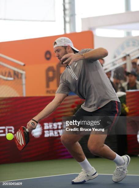 Jack Sock hits a forehand transition shot as he approaches the non-volley zone against Federico Staksrud in the 2024 PPA Carvana Mesa Arizona Cup...