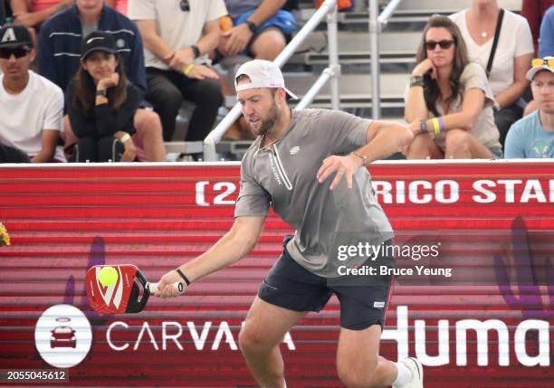 Jack Sock hits a forehand drive shot against Federico Staksrud in the 2024 PPA Carvana Mesa Arizona Cup semi-finals match of the Pro Men's Singles...