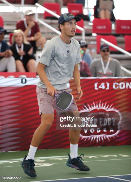 Connor Garnett prepares to return a serve from Ben Johns in the 2024 PPA Carvana Mesa Arizona Cup semi-finals match of the Pro Men's Singles Division...