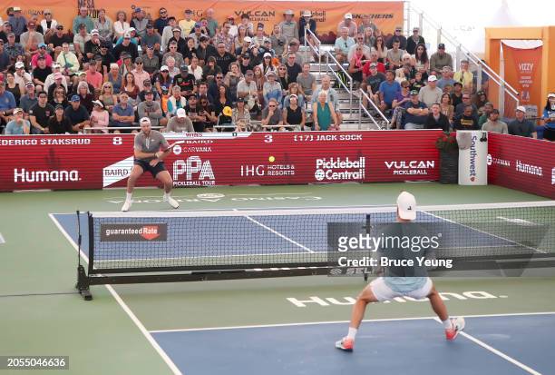 Jack Sock hits a forehand drive shot against Federico Staksrud in the 2024 PPA Carvana Mesa Arizona Cup semi-finals match of the Pro Men's Singles...
