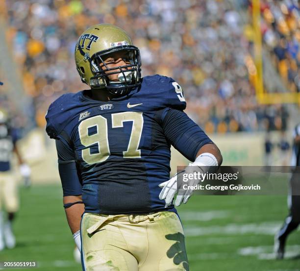 Defensive lineman Aaron Donald of the University of Pittsburgh Panthers looks on from the field during a Big East college football game against the...