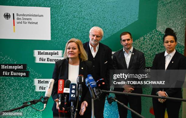 German Interior Minister Nancy Faeser speaks during a joint press conference for a 100-day-Countdown Event ahead of the football EURO 2024, in...