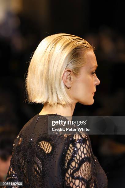 Jessica Stam, hair detail, walks the runway during the Elie Saab Womenswear Fall/Winter 2024-2025 show as part of Paris Fashion Week on March 02,...