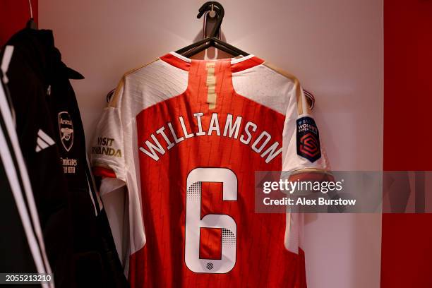 Detailed view of the match shirt of Leah Williamson in the Arsenal dressing room prior to the Barclays Women's Super League match between Arsenal FC...