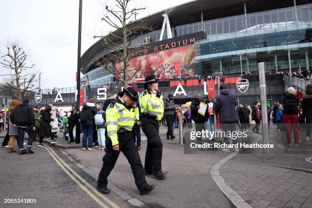 General view of the outside of the stadium, as Female Police Officers patrol, prior to the Barclays Women's Super League match between Arsenal FC and...
