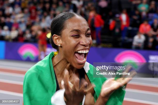 Gold medalist Thea Lafond of Team Dominica celebrates after winning the Women's Triple Jump Final on Day Three of the World Athletics Indoor...