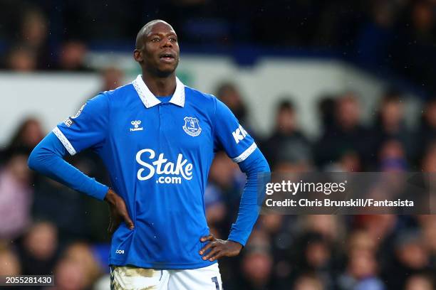 Abdoulaye Doucoure of Everton looks o during the Premier League match between Everton FC and West Ham United at Goodison Park on March 02, 2024 in...