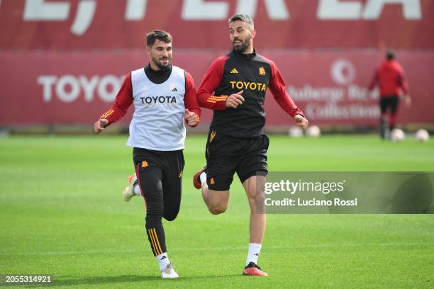 Roma players Houssem Aouar and Leonardo Spinazzola during training session at Centro Sportivo Fulvio Bernardini on March 03, 2024 in Rome, Italy.