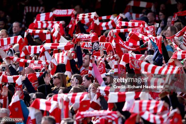 General view as fans of Arsenal raise scarfs prior to the Barclays Women's Super League match between Arsenal FC and Tottenham Hotspur at Emirates...
