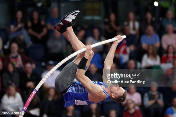 Johannes Erm of Team Estonia competes in the Pole Vault leg in the Heptathlon on Day Three of the World Athletics Indoor Championships Glasgow 2024...