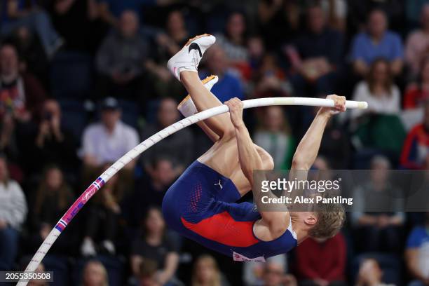 Markus Rooth of Team Norway competes in the Pole Vault leg in the Heptathlon on Day Three of the World Athletics Indoor Championships Glasgow 2024 at...