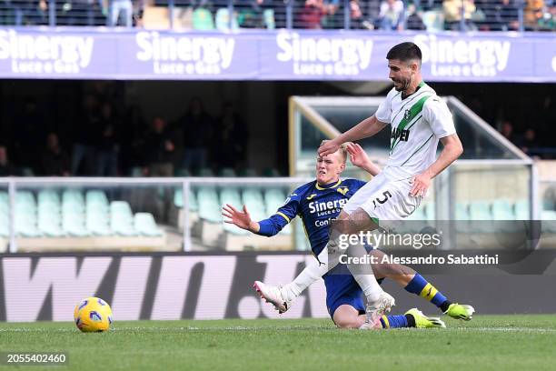 Karol Swiderski of Hellas Verona FC scores his team's first goal during the Serie A TIM match between Hellas Verona FC and US Sassuolo - Serie A TIM...