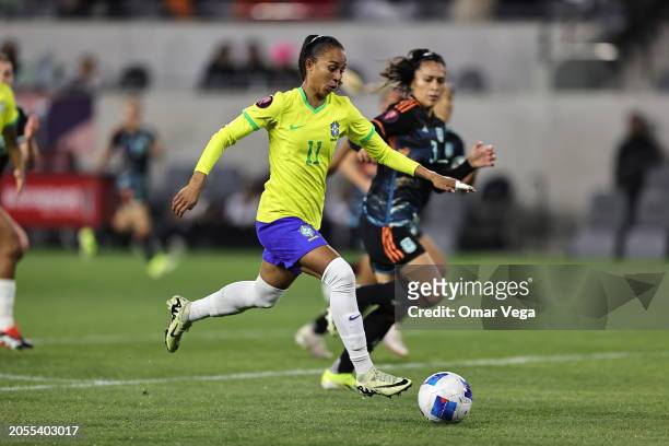 Adriana Leal Da Silva of Brazil drives the ball during the quarterfinals of the 2024 Concacaf Women's Gold Cup between Brazil and Argentina at BMO...
