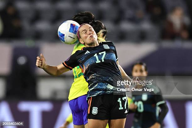 Camila Gomez of Argentina and Julia Bianchi of Brazil head the ball during the quarterfinals of the 2024 Concacaf Women's Gold Cup between Brazil and...