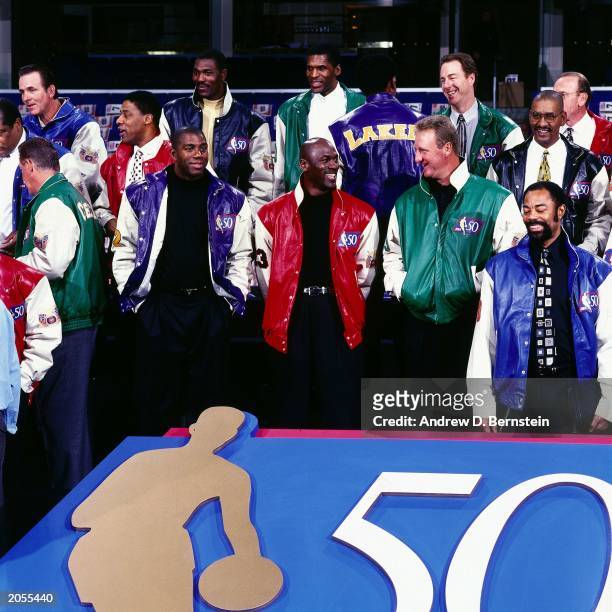 Magic Johnson, Michael Jordan and Larry Bird pose for a portrait during The Fifty Greatest NBA players photo shoot during the 1997 NBA All-Star...
