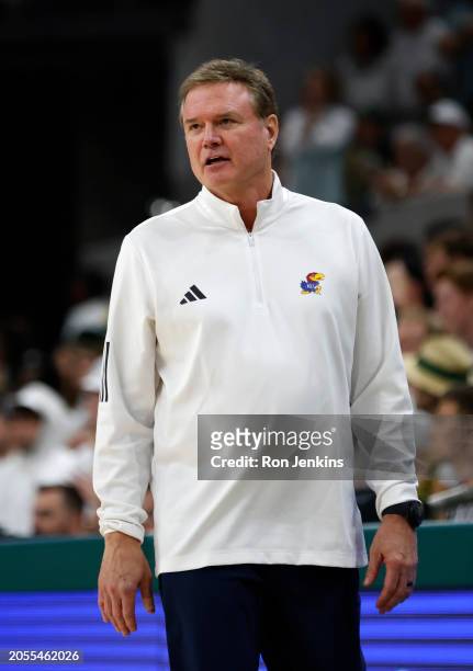 Head coach Bill Self of the Kansas Jayhawks looks on as Kansas takes on the Baylor Bears in the first half at Foster Pavilion on March 2, 2024 in...
