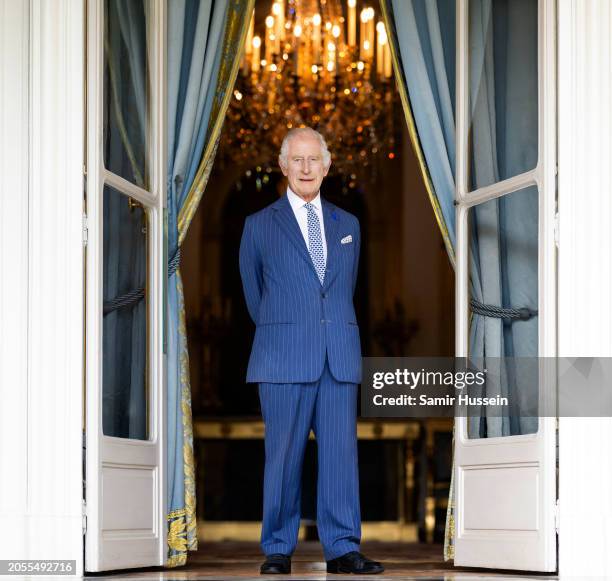 King Charles III poses during the state tour of France at the British Ambassador’s residence on September 20, 2023 in Paris, France. On February 5,...