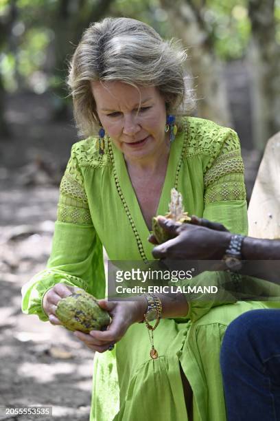 Queen Mathilde of Belgium pictured during a visit to a Cocoa plantation in Meagui, during a royal working visit to Ivory Coast, in San Pedro,...