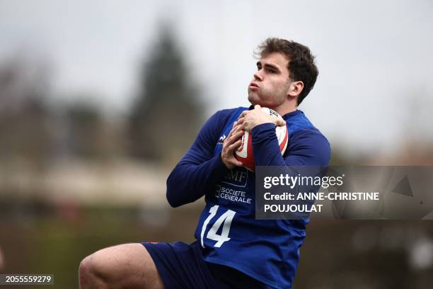 France's wing Damian Penaud takes part in a training session of France's rugby union national team ahead of their upcoming Six Nations match against...