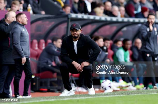 Vincent Kompany, Manager of Burnley, reacts during the Premier League match between Burnley FC and AFC Bournemouth at Turf Moor on March 03, 2024 in...