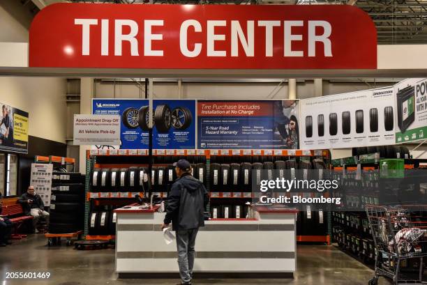 Tires at a Costco store in Teterboro, New Jersey, US, on Wednesday, Feb. 28, 2024. Costco Wholesale Corp. Is scheduled to release earnings figures on...
