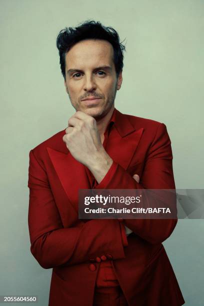 Actor Andrew Scott is photographed backstage at the 2024 EE BAFTA Film Awards, held at The Royal Festival Hall on February 18, 2024 in London,...