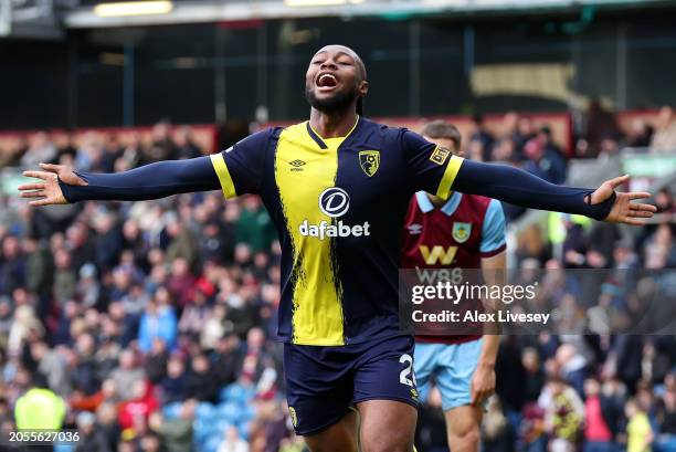 Antoine Semenyo of AFC Bournemouth celebrates scoring his team's second goal during the Premier League match between Burnley FC and AFC Bournemouth...